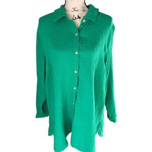 J.Jill Size XL Kelly Green Tunic Shirt Cotton Gauze Long Sleeve Button Front